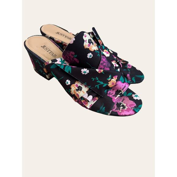 Just Fab Minna Black Floral Ruffle Slip On Block Heel Mule Sandals Size 9.5 - Picture 1 of 6